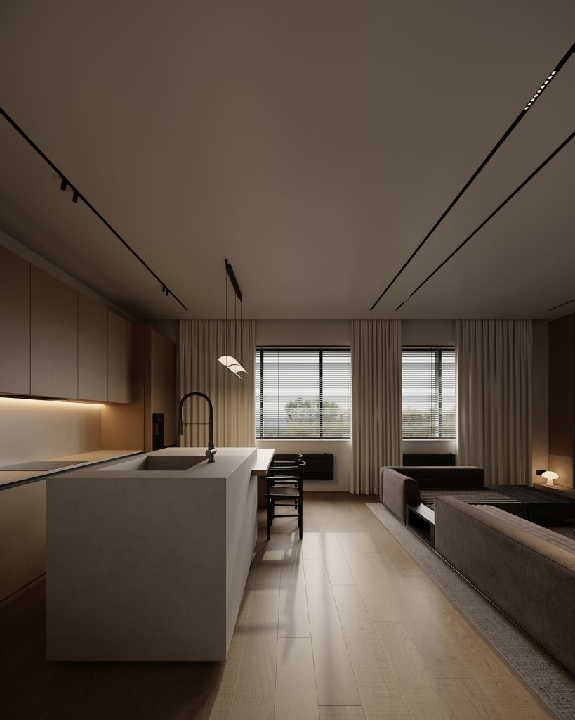 Apartment J — modern interior design project in Groningen, Netherlands, created by BIRO19. Contemporary living space defined by natural materials, warm tones, and minimalist elegance.