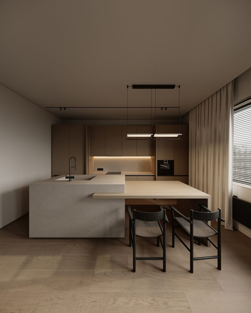 Apartment J — modern interior design project in Groningen, Netherlands, created by BIRO19. Contemporary living space defined by natural materials, warm tones, and minimalist elegance.