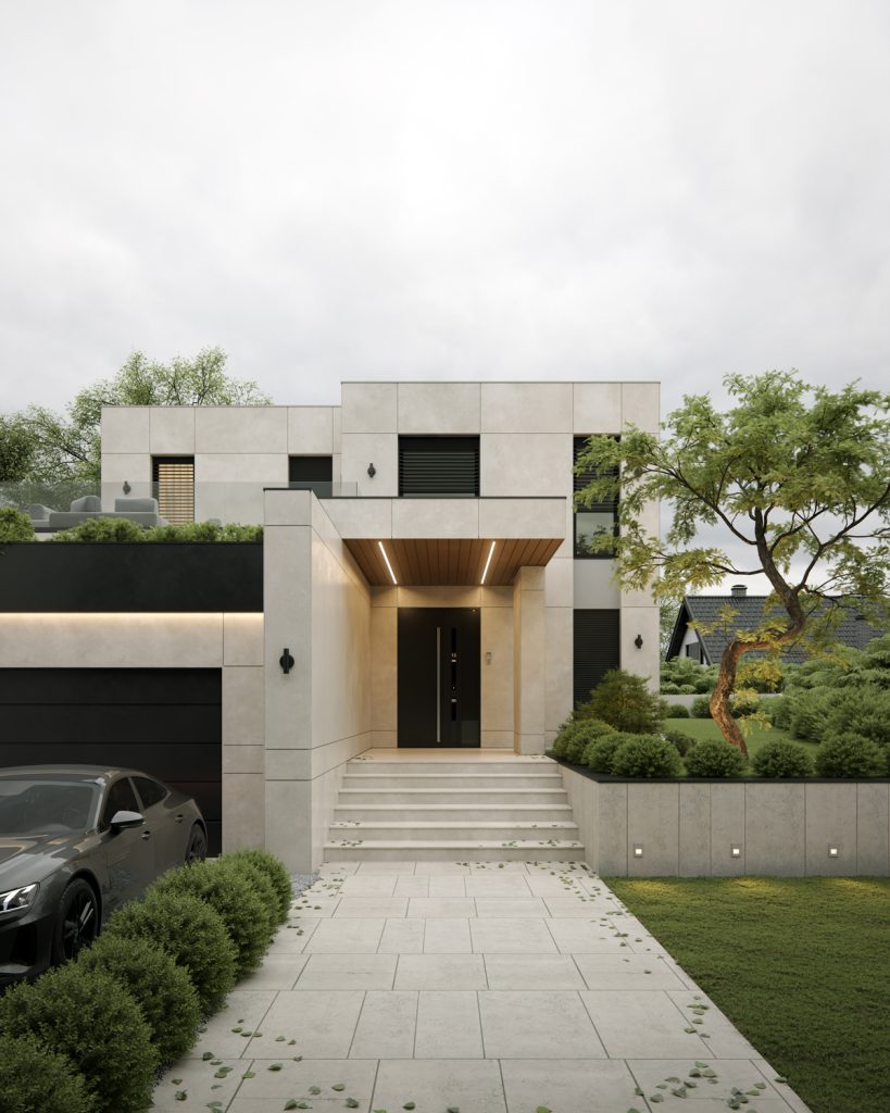 House J — modern luxury villa in Belgrade designed by BIRO19. Photorealistic 3D exterior render showcasing contemporary architecture and refined materials.