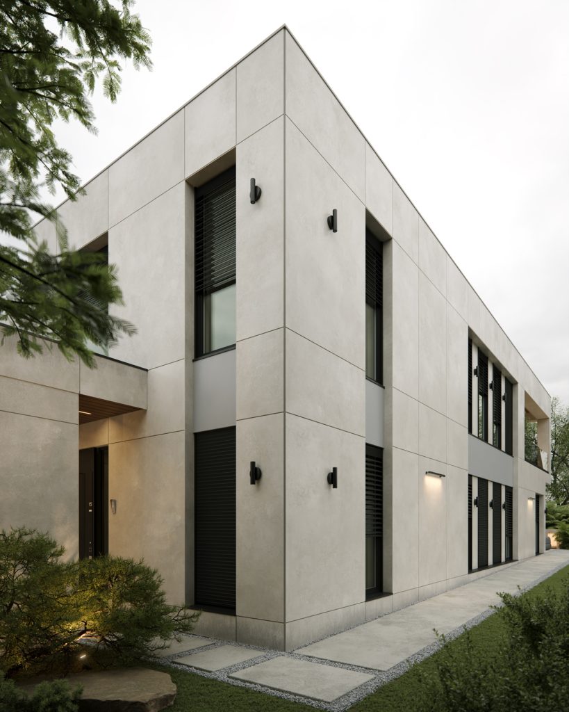 House J — modern luxury villa in Belgrade designed by BIRO19. Photorealistic 3D exterior render showcasing contemporary architecture and refined materials.