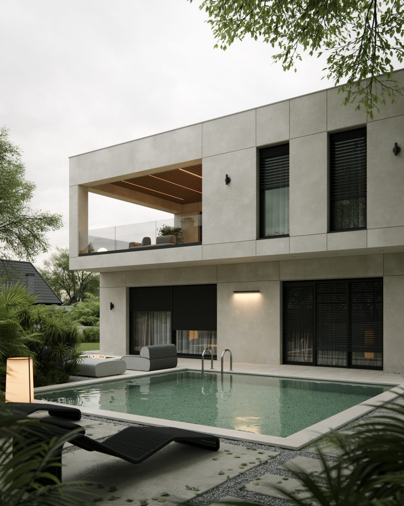 House J — modern luxury villa in Belgrade designed by BIRO19. Photorealistic 3D exterior render showcasing contemporary architecture and refined materials.
