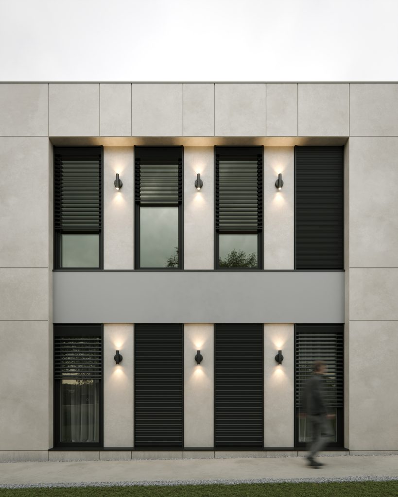 House J — modern luxury villa in Belgrade designed by BIRO19. Photorealistic 3D exterior render showcasing contemporary architecture and refined materials.
