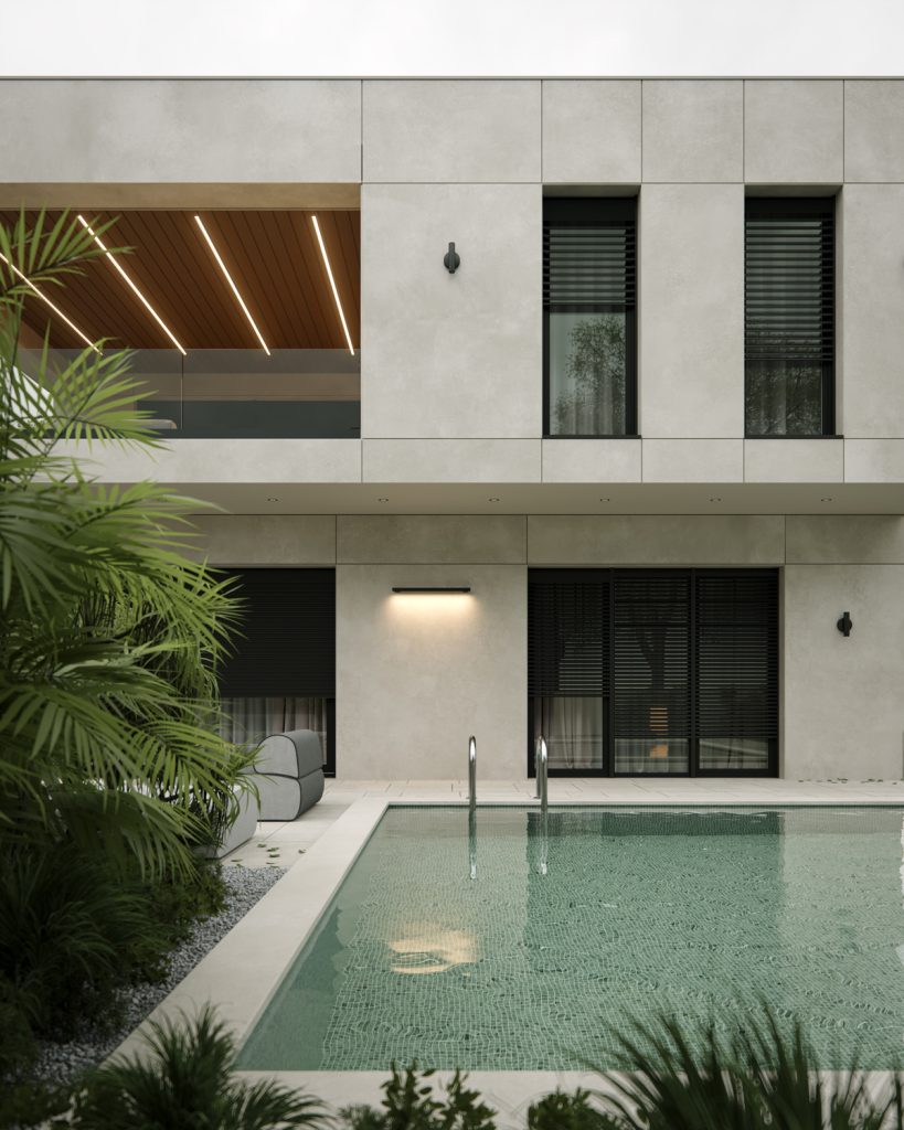 House J — modern luxury villa in Belgrade designed by BIRO19. Photorealistic 3D exterior render showcasing contemporary architecture and refined materials.
