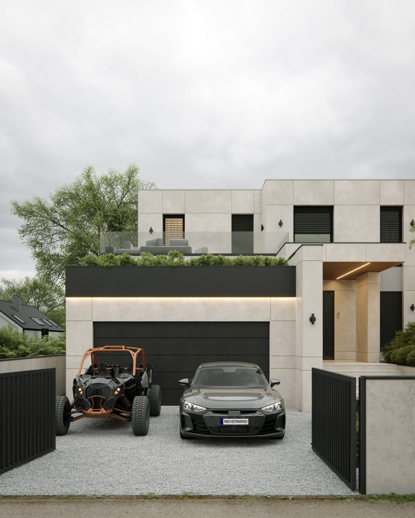 House J — modern luxury villa in Belgrade designed by BIRO19. Photorealistic 3D exterior render showcasing contemporary architecture and refined materials.
