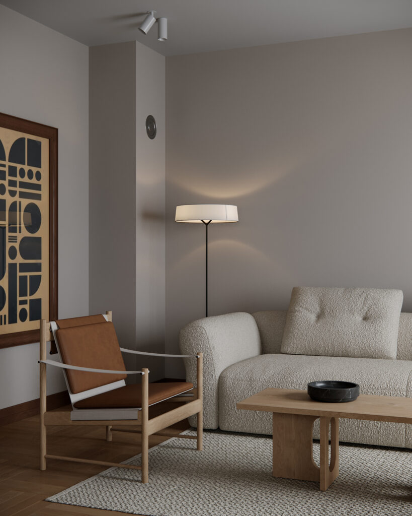 Interior design of Apartment V in Vrnjačka Banja, Serbia by BIRO19, featuring natural materials, warm tones and minimalist composition.