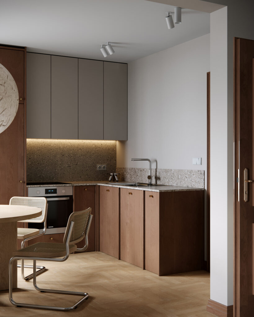 Interior design of Apartment V in Vrnjačka Banja, Serbia by BIRO19, featuring natural materials, warm tones and minimalist composition.
