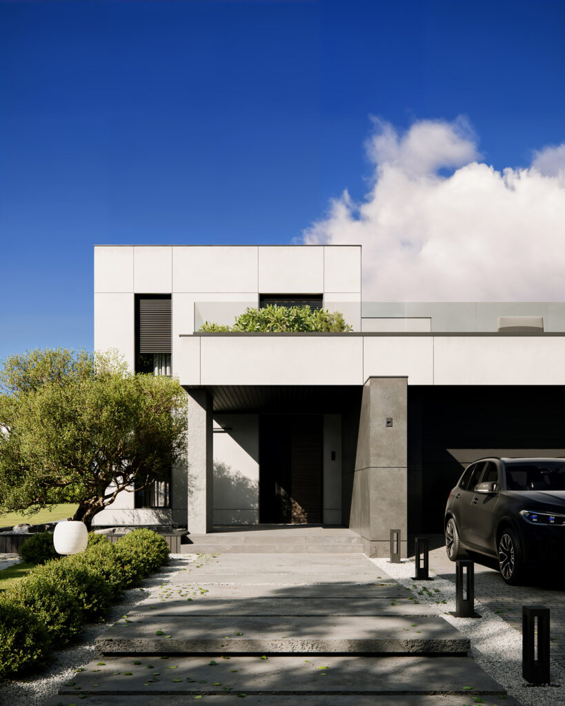 House O — modern house architecture project in Obrenovac, Serbia, created by BIRO19. Contemporary exterior defined by clean geometry, natural materials and harmonious proportions.