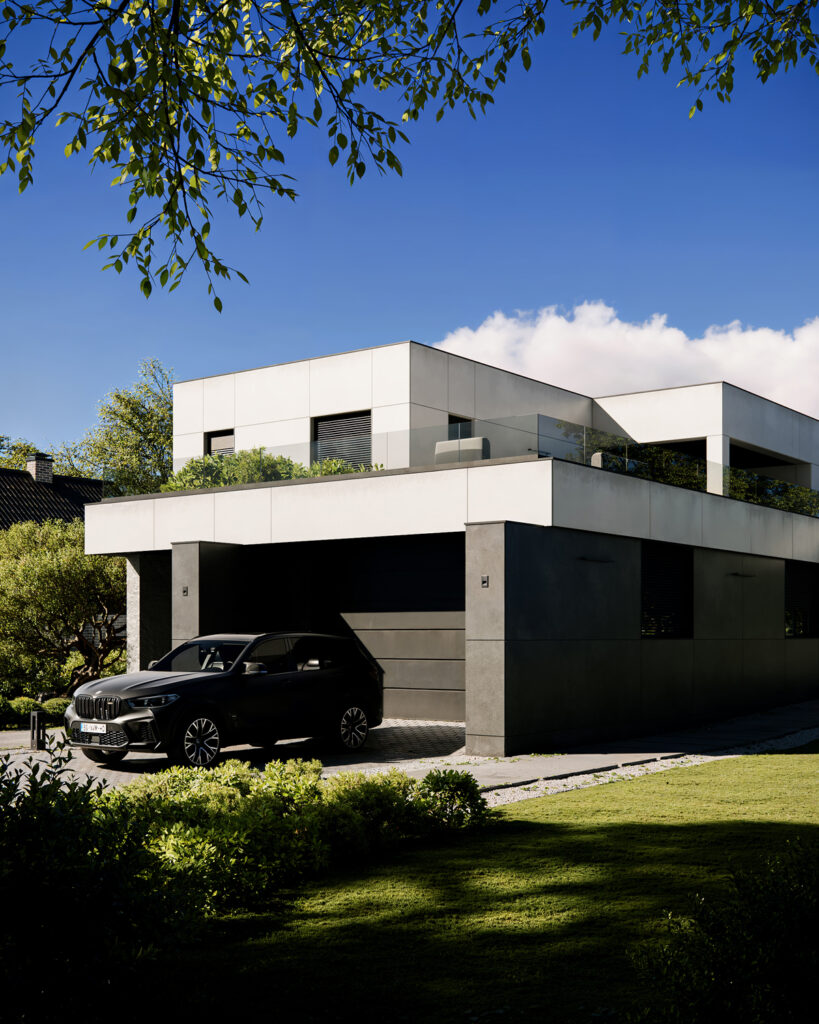 House O — modern house architecture project in Obrenovac, Serbia, created by BIRO19. Contemporary exterior defined by clean geometry, natural materials and harmonious proportions.