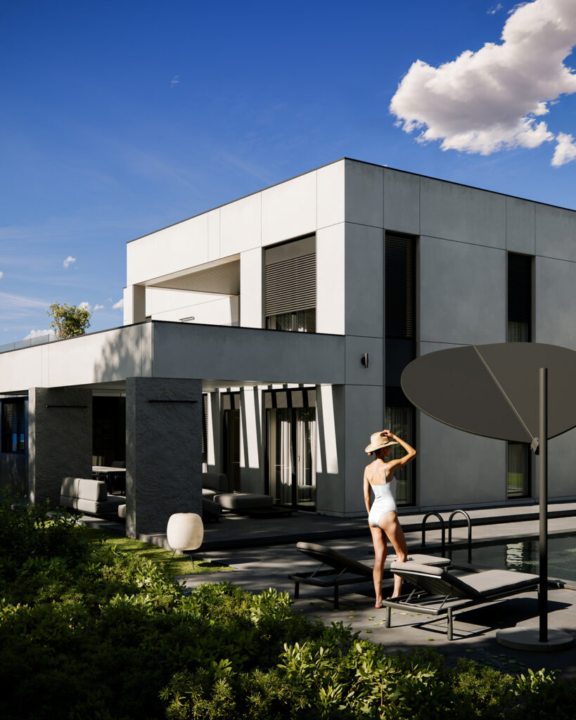House O — modern house architecture project in Obrenovac, Serbia, created by BIRO19. Contemporary exterior defined by clean geometry, natural materials and harmonious proportions.