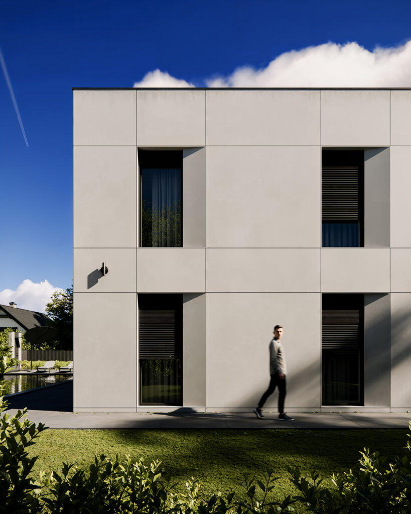 House O — modern house architecture project in Obrenovac, Serbia, created by BIRO19. Contemporary exterior defined by clean geometry, natural materials and harmonious proportions.
