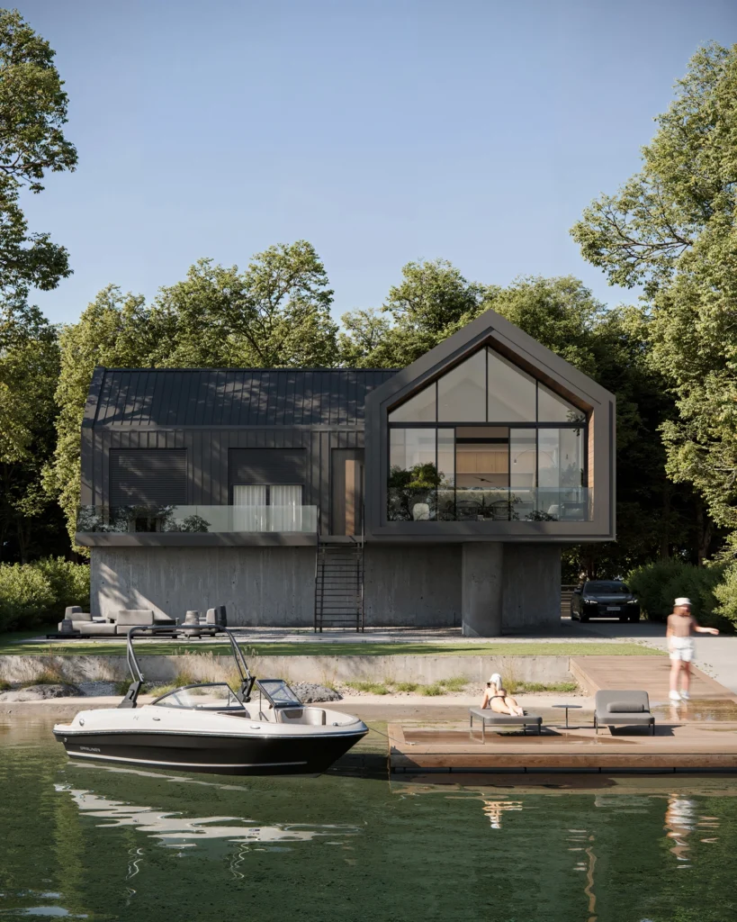 House on Stilts exterior view along the Danube riverside
