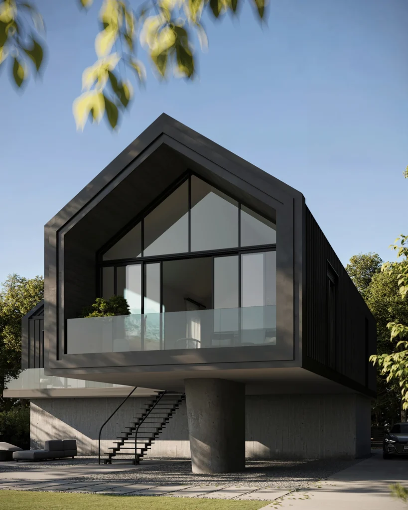 House on Stilts exterior view along the Danube riverside