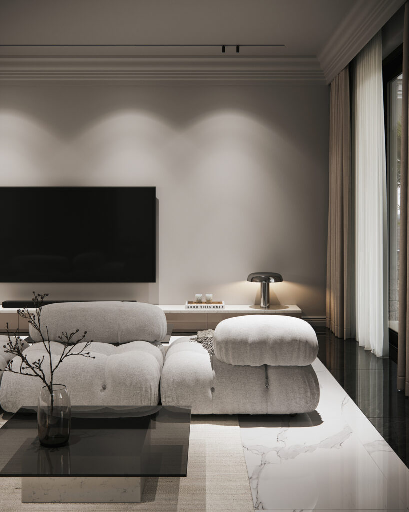 House S — contemporary interior project in Surduk, Serbia. Warm tones, natural finishes, and minimal forms create a calm and balanced atmosphere.