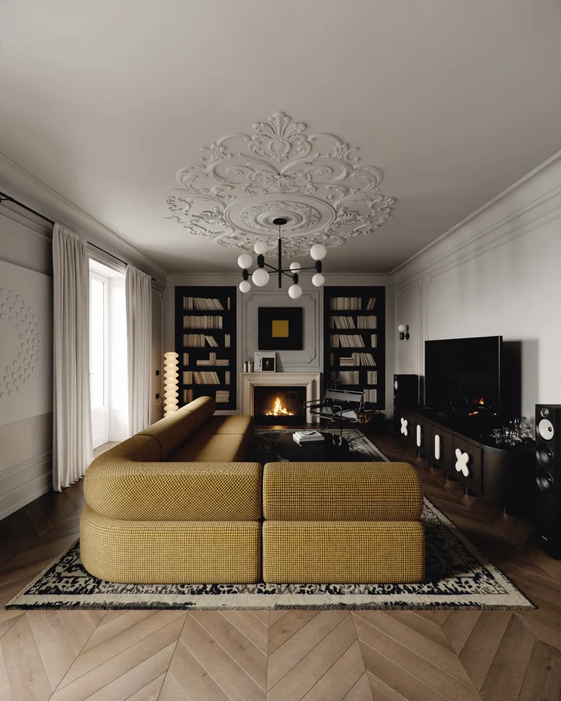 Luxury apartment renovation in Vienna, blending historic classicism with modern design aesthetics.