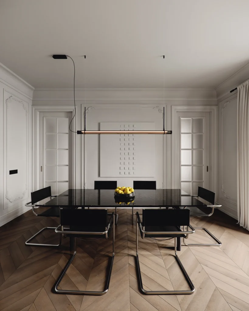 Luxury apartment renovation in Vienna, blending historic classicism with modern design aesthetics.
