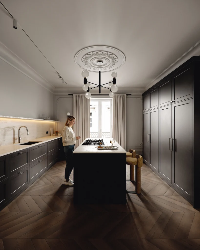 Luxury apartment renovation in Vienna, blending historic classicism with modern design aesthetics.