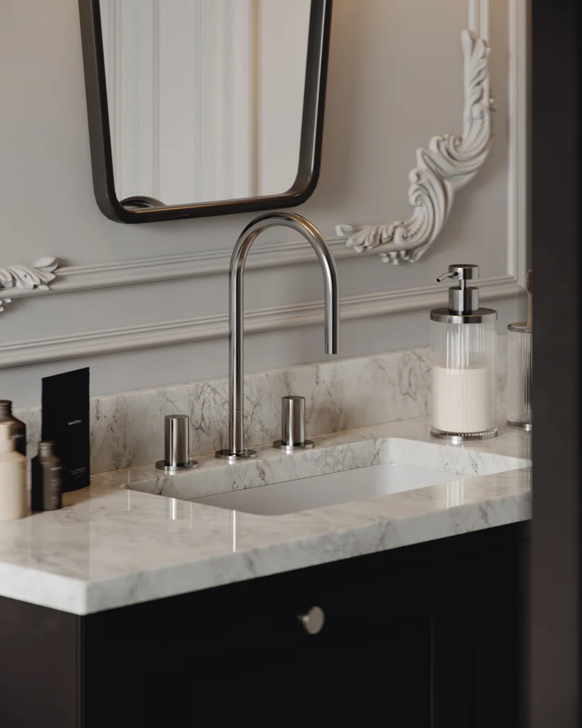 Luxury apartment renovation in Vienna, blending historic classicism with modern design aesthetics.